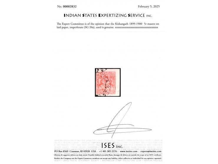 1899-1900  5r mauve on laid paper, imperforate. Unpriced used. 2025 ISES certificate. 
To buy this item please send us an ema