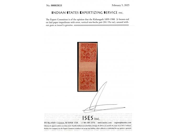 1899-1900  2r brown-red on laid paper imperforate with error, vertical tete-beche pair. Unused without gum as issued.  2025 I
