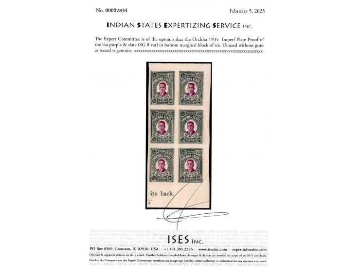 1935  Imperf Plate Proof of the ¼a purple &amp; slate in bottom marginal block of six. Unused without gum as issued.  2025 IS