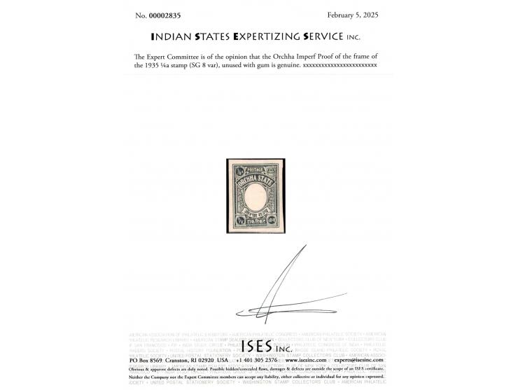 Imperf Proof of the frame of the 1935 ¼a stamp.  2025 ISES certificate.  
