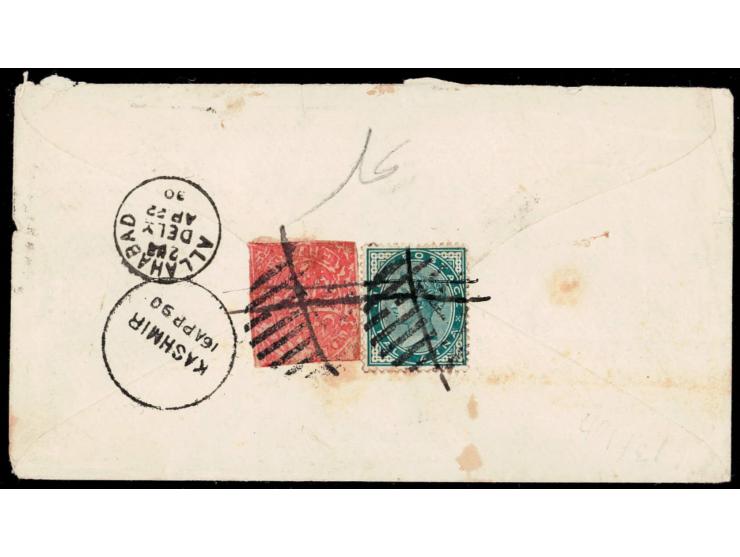 1890 cover from Kashmir to Allahabad franked with a 'Postal Forgery' of the 1883-94 ½a orange-red additionally franked with I