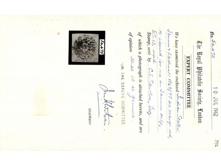 1872  4a orange-red in watercolor on native paper. Unused without gum as issued. Ex Terry Sturton. 1962 RPSL certificate iden