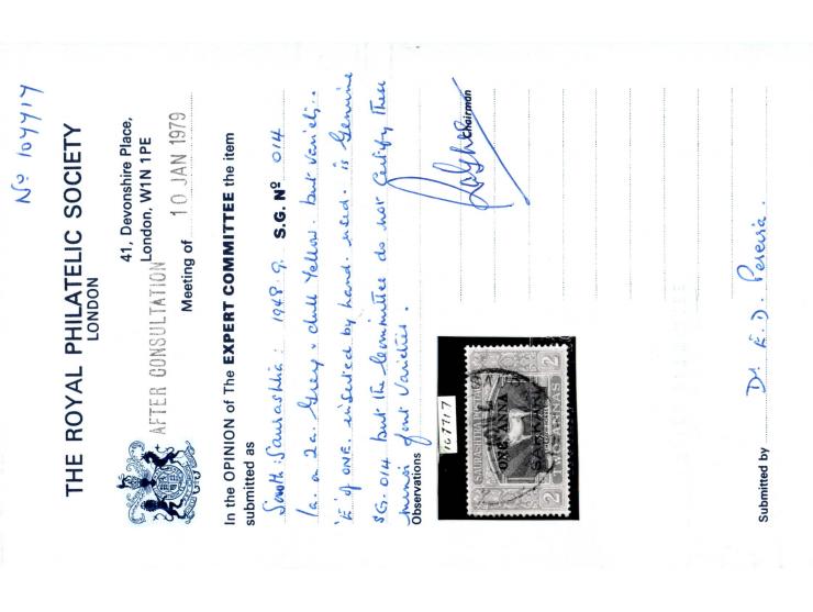 1948  1a on 2a grey &amp; dull-yellow with error, first 'A' in ANNA inserted by hand. Ex. Dr. E.D. Pereira collection. 1979 R