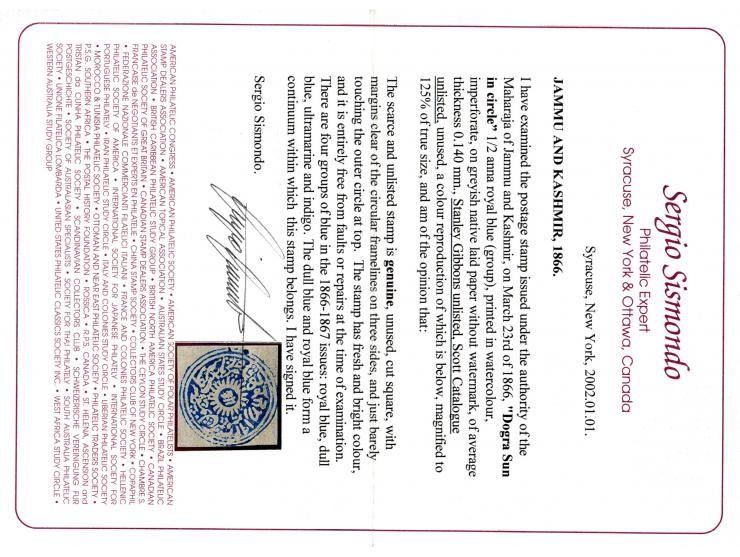 1876  ½a bright blue in watercolor on native paper. Unused without gum as issued. 2002 Sismondo certificate incorrectly ident