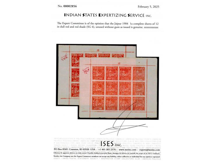 1904  1a complete sheets of 12 in dull red and red shade. Unused without gum as issued. 2025 ISES certificate.
