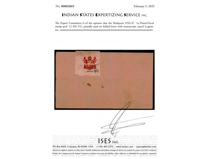 1932-47  1a Postal-Fiscal stamp perf. 12 used on local folded letter with manuscript cancel (as always found). 2025 ISES cert