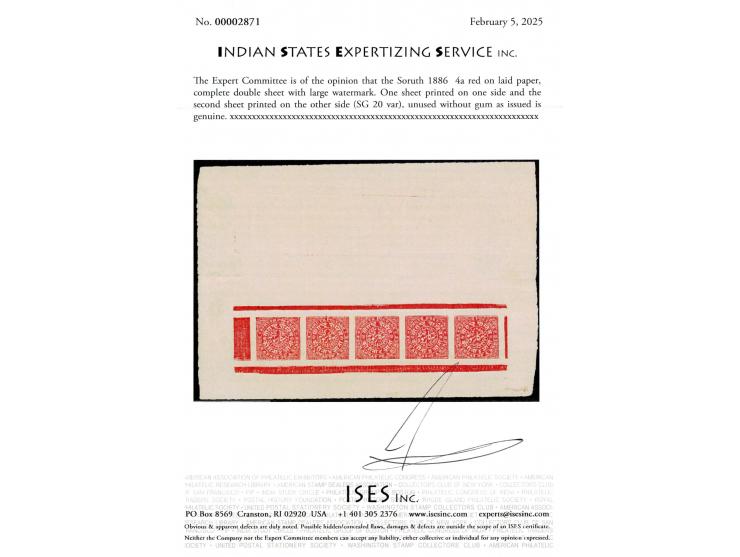 1886  4a red on laid paper, complete double sheet with large watermark. One sheet printed on one side and the second sheet pr