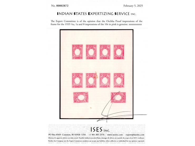 Proof impressions of the frame for the 1935 ¼a, 1a and 8 impressions of the 10r in pink. 2025 ISES certificate.
To buy this i