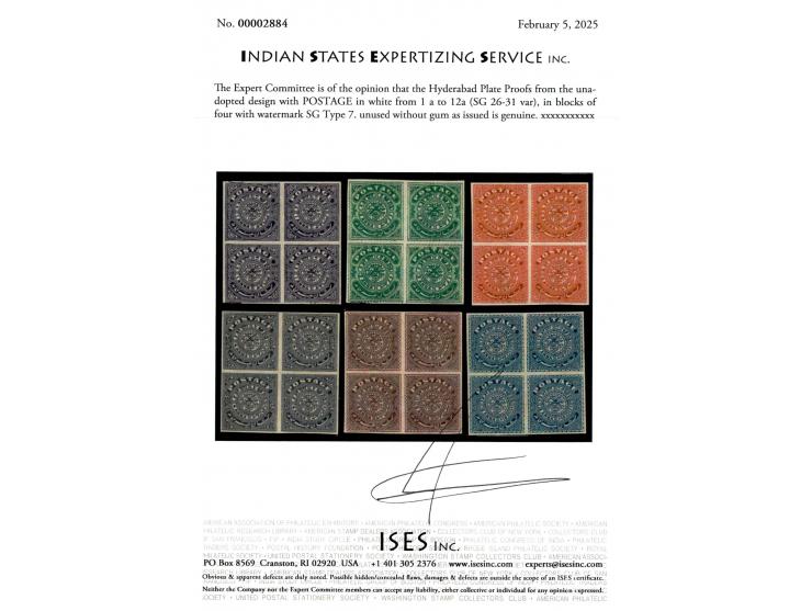 Plate Proofs from the unadopted design with POSTAGE in white from 1 a to 12a in blocks of four with watermark SG Type 7. Unus