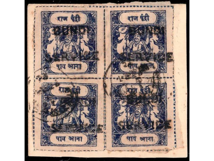1915-41  ¼a ultramarine block of four overprinted BUNDI SERVICE in large English letters affixed to piece of cover with multi