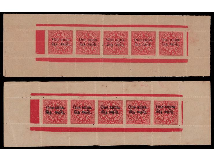 1913  1a on 4a red on toned wove paper two complete sheets, one in pink with surcharge in fine letters indicative of very ear