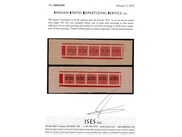 1913  1a on 4a red on toned wove paper two complete sheets, one in pink with surcharge in fine letters indicative of very ear