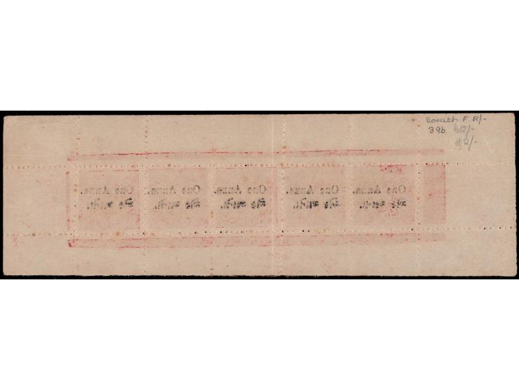 1913  1a on 4a on toned wove paper with capital 'A' in Anna with error, surcharge offset on reverse. Unused without gum as is