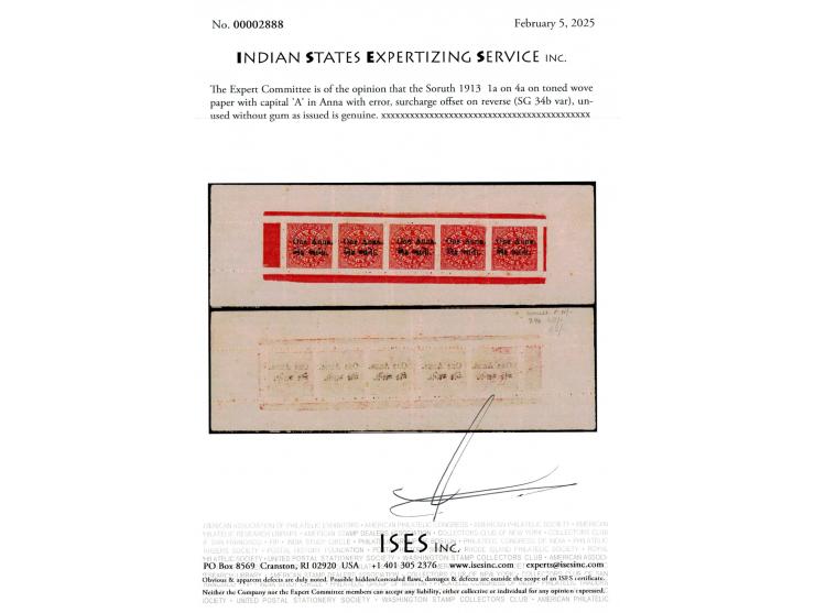 1913  1a on 4a on toned wove paper with capital 'A' in Anna with error, surcharge offset on reverse. Unused without gum as is