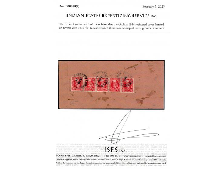1944 registered cover with boxed registration strike on obverse franked on reverse with 1939-42  1a scarlet horizontal strip 