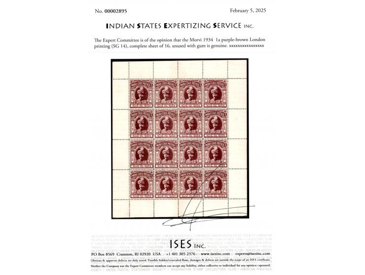 1934  1a purple-brown London printing, complete sheet of 16. Tiny stain spot on margin not affecting stamp. 2025 ISES certifi