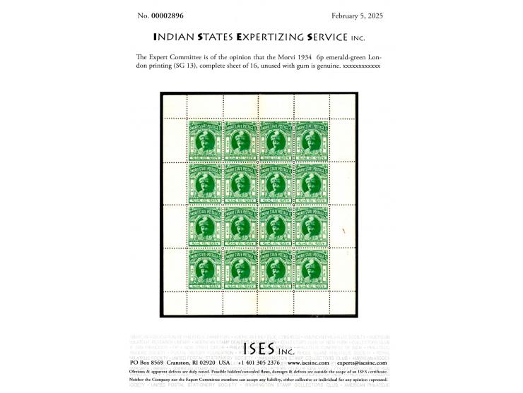 1934  6p emerald-green London printing, complete sheet of 16. 2025 ISES certificate. 
