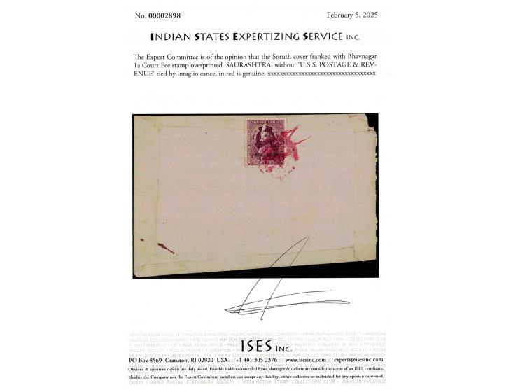 Bhavnagar 1a Court Fee stamp overprinted 'SAURASHTRA' without 'U.S.S. POSTAGE &amp; REVENUE' used on cover tied by intaglio c