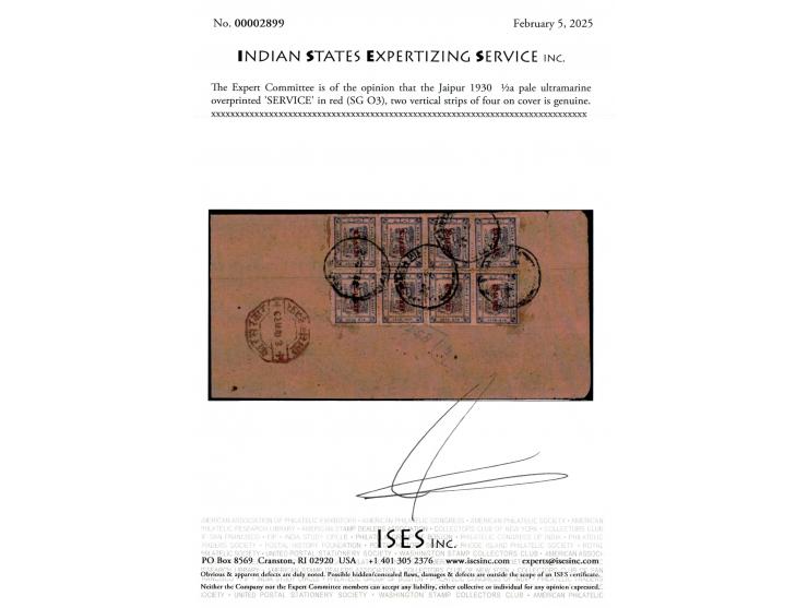 1930  ½a pale ultramarine overprinted 'SERVICE' in red two vertical strips of four on local cover with a superb strike of the