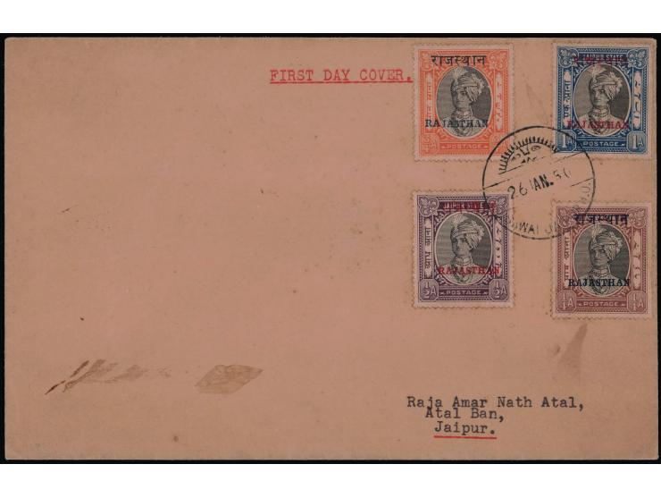 1950 ¼a, ½a ¾a and 1a Jaipur stamps overprinted RAJASTHAN on First Day Cover tied by 'SAWAI JAIPUR H.O. / 26 JAN 50' cds. Sta