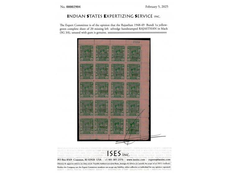 1948-49  Bundi 1a yellow-green complete sheet of 20 missing left  selvedge with sheet number 1819 handstamped RAJASTHAN in bl