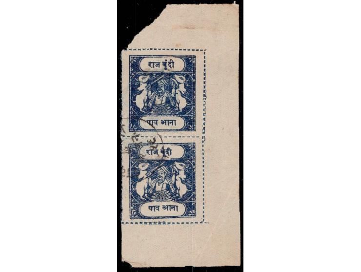1915-41  ¼a ultramarine vertical pair from the right half of sheet used with error, Bundi Service in Devanagri overprinted on