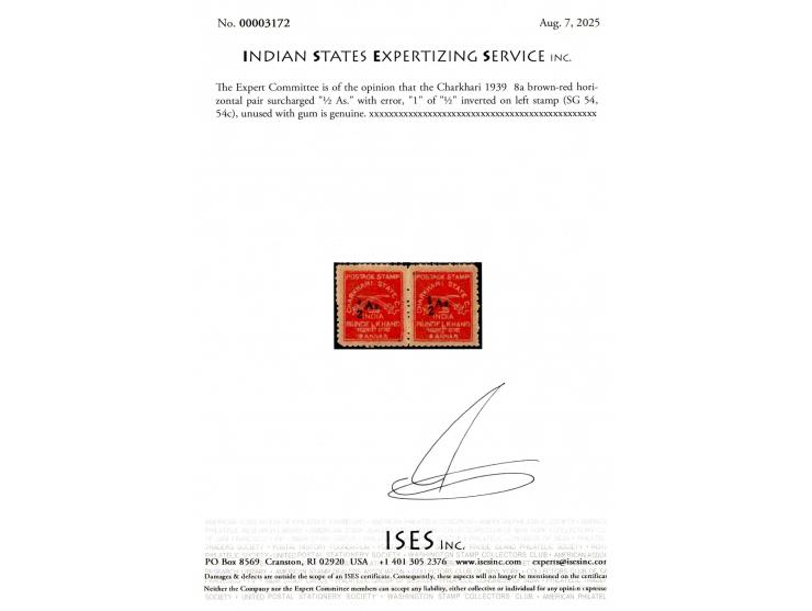 1939  8a brown-red horizontal pair surcharged "½ As." with error, "1" of "½" inverted on left stamp. Stamp with error is neve