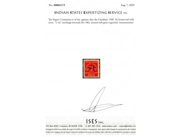 1939  8a brown-red with error, "½ As" surcharge inverted.
