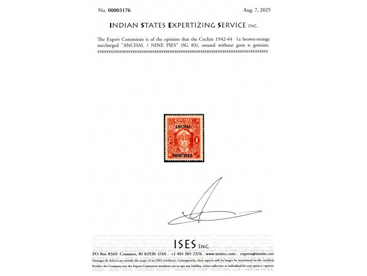 1942-44  1a brown-orange surcharged "ANCHAL / NINE PIES". 2025 ISES certificate
