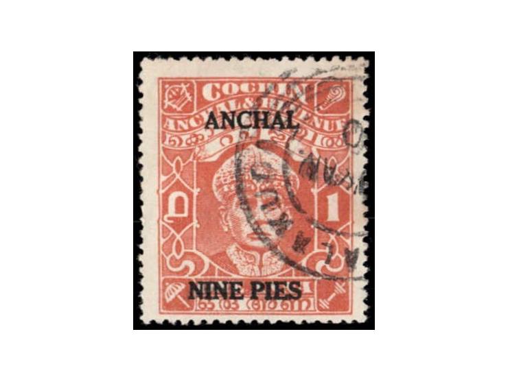1942-44  1a brown-orange surcharged "ANCHAL / NINE PIES"
