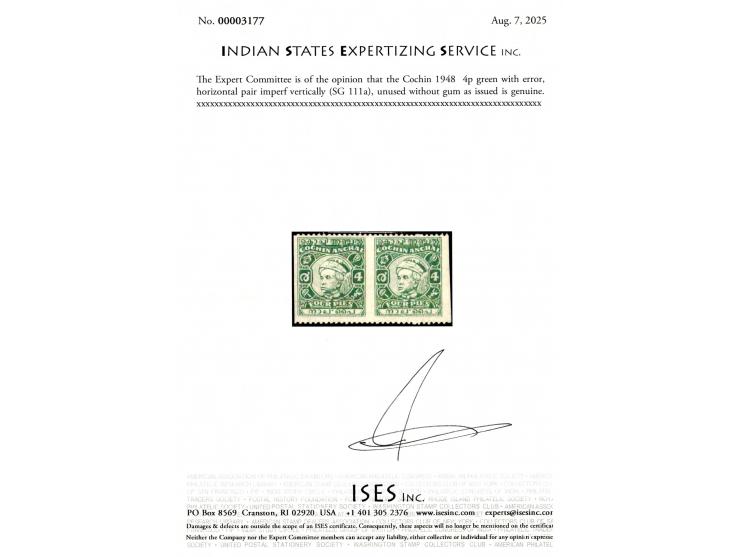 1948  4p green with error, horizontal pair imperf vertically. Unused without gum as issued. 2025 ISES certificate
