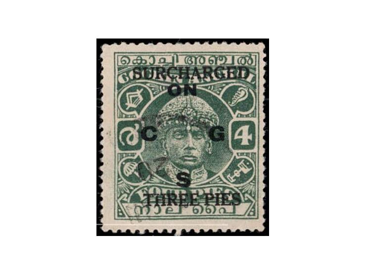 1942-43  4p green overprinted ON C G S surcharged "SURCHARGED / THREE PIES"
