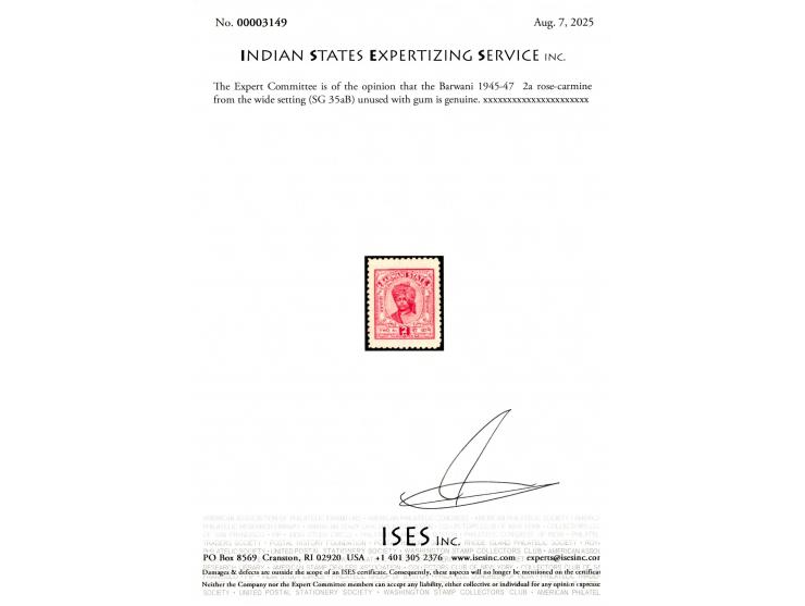 1945-47  2a rose-carmine from the wide setting. 2025 ISES certificate. 
