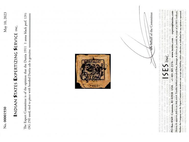 1911  1a black perf. 13½ used on piece tied by Duttia hooded cds. An elusive stamp. 2023 ISES certificate
