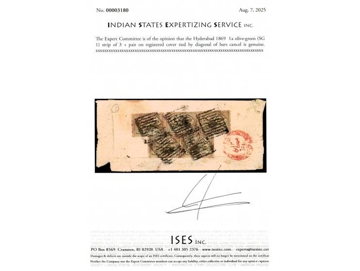 1869  1a olive-green strip of 3 + pair on registered cover tied by diagonal of bars cancel. A rare usage of the first stamp o