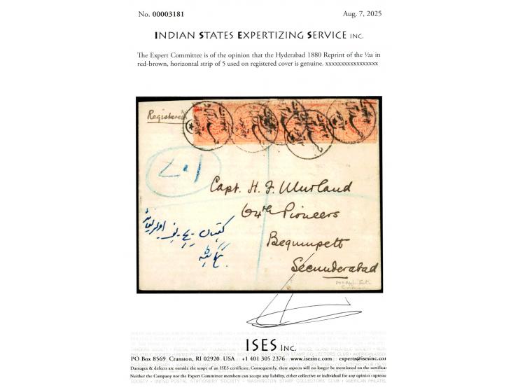 1880 Reprint of the ½a in red-brown, horizontal strip of 5 used on registered cover. A rare usage of Reprint stamps of Hydera
