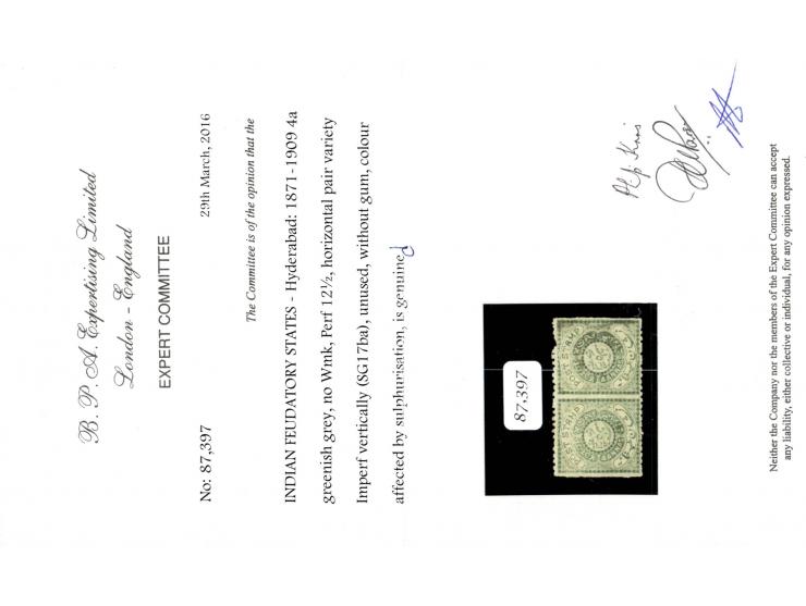 1871-1909  4a greenish grey perf. 12½ with error, horizontal pair imperf vertically. 2016 BPA certificate
