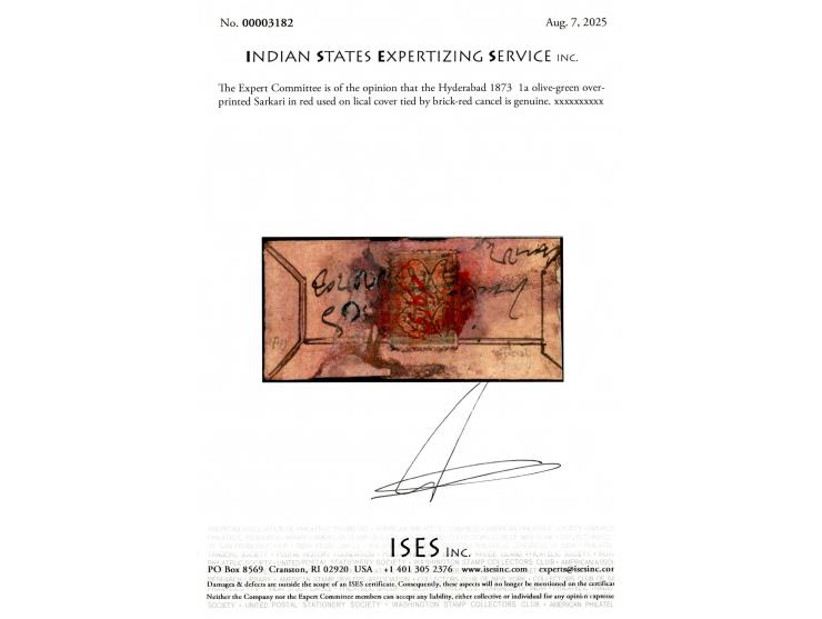 1873  1a olive-green overprinted Sarkari in red used on local cover tied by brick-red cancel. 2025 ISES certificate
