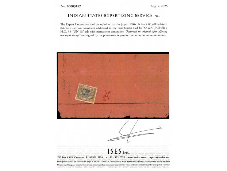 1946  1r black &amp; yellow-bistre used on document addressed to the Post Master tied by 'SAWAI JAIPUR / H.O. / 3 JUN 48" cds