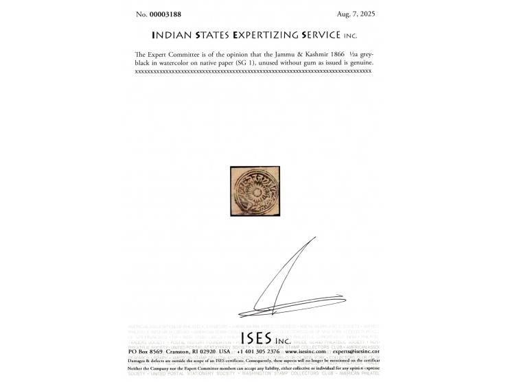 1866  ½a grey-black in watercolor on native paper. Unused without gum as issued. 2025 ISES certificate
