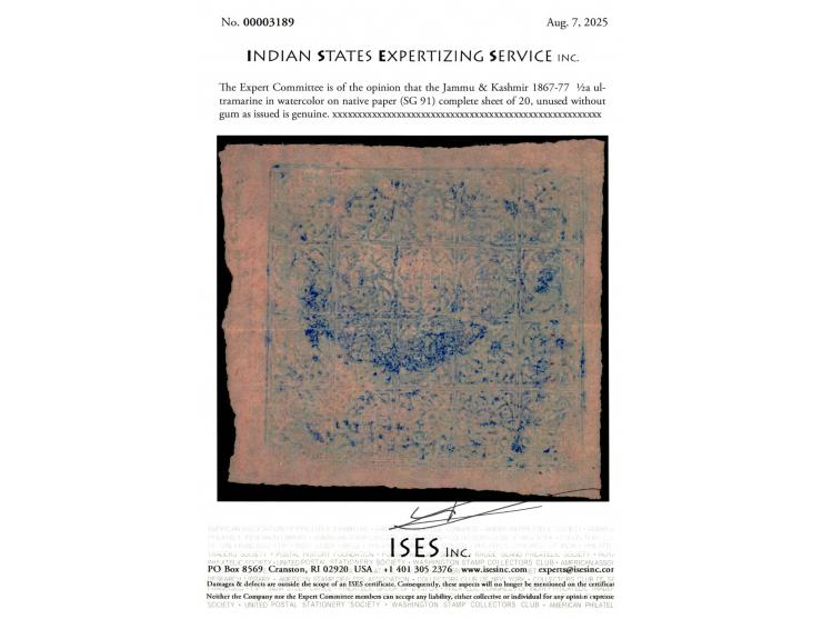 1867-77  ½a ultramarine in watercolor on native paper, complete sheet of 20. Complete sheets of the Kashmir 'Old Rectuangular