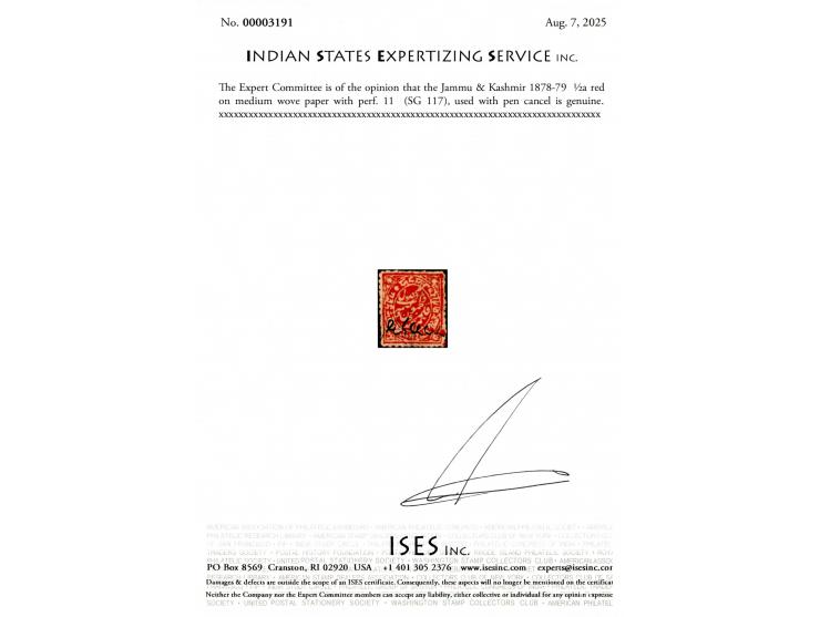 1878-79  ½a red on medium wove paper with perf. 11  with pen cancel as sometimes found. 2025 ISES certificate.   
