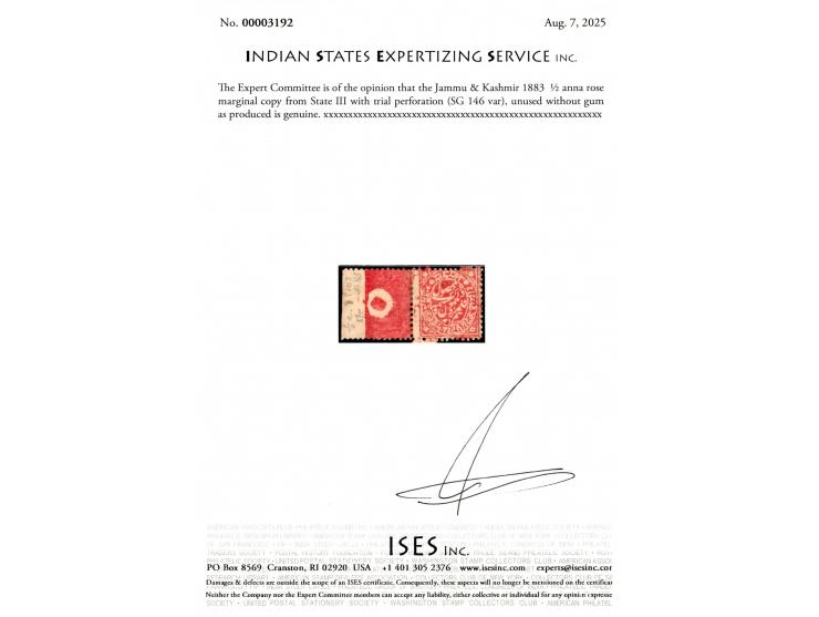 1883  ½ anna rose marginal copy from State III with trial perforation. Unused without gum as produced. 2025 ISES certificate.