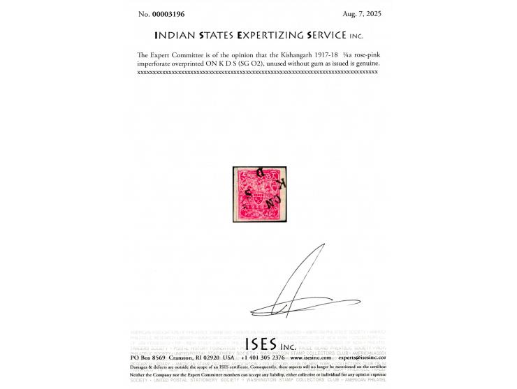 1917-18  ¼a rose-pink imperforate overprinted ON K D S. Unused without gum as issued. Unpriced in SG. 2025 ISES certificate
