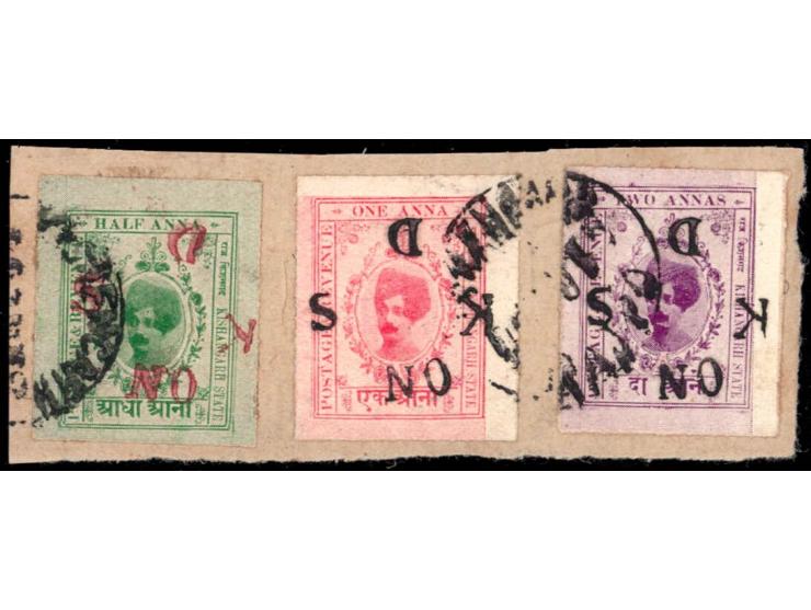 1917-18  ½a green with ON K D S in red, 1a red &amp; 2a purple with ON K D S in black used on piece.
