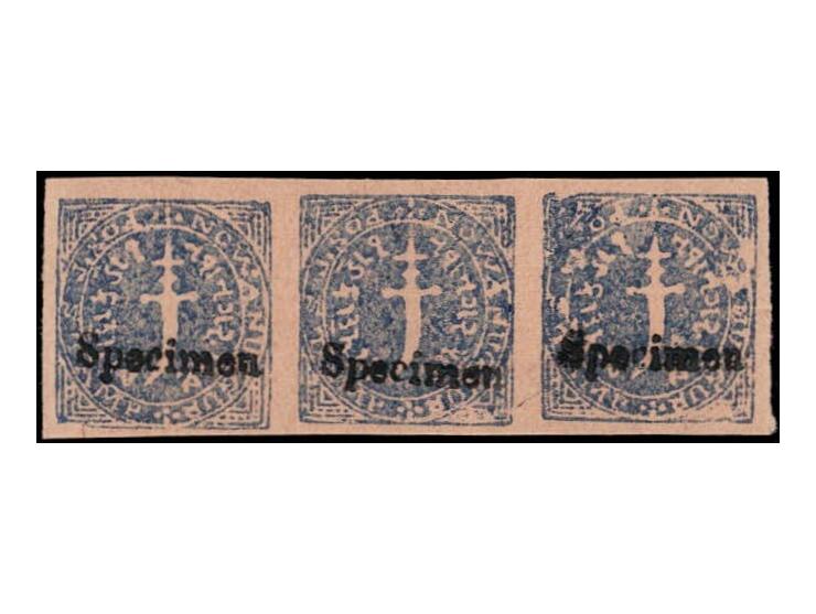 1877 1doc blue, vertical strip of 3 overprinted Specimen. Unused without gum as issued

