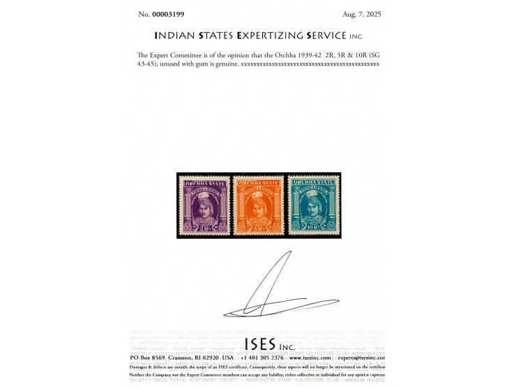1939-42  ¼a to 10r complete set missing only the 15r &amp; 25r.2025 ISES certificate for 2R, 5R &amp; 10R.   

