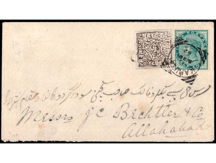 India ½a blue-green used alongside Poonch 1p black on white laid batonne paper tied by Kahuta squared circle cancel dated 21 
