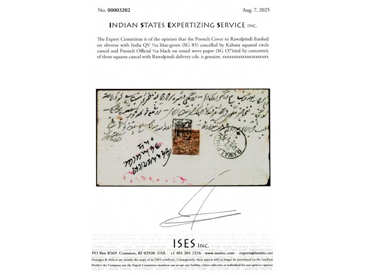 Cover from Poonch to Rawalpindi (present day Pakistan) franked on obverse with India QV ½a blue-green cancelled by Kahuta (Im