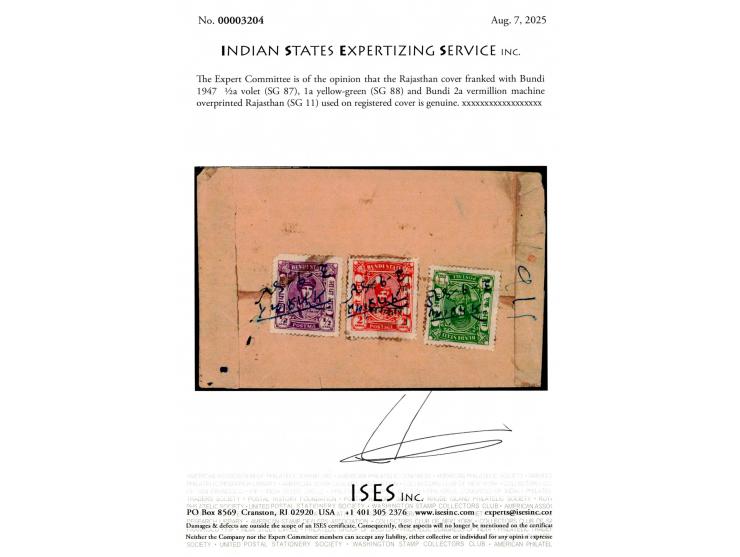 Bundi 1947  ½a volet, 1a yellow-green and Bundi 2a vermillion machine overprinted RAJASTHAN used on registered local cover fr